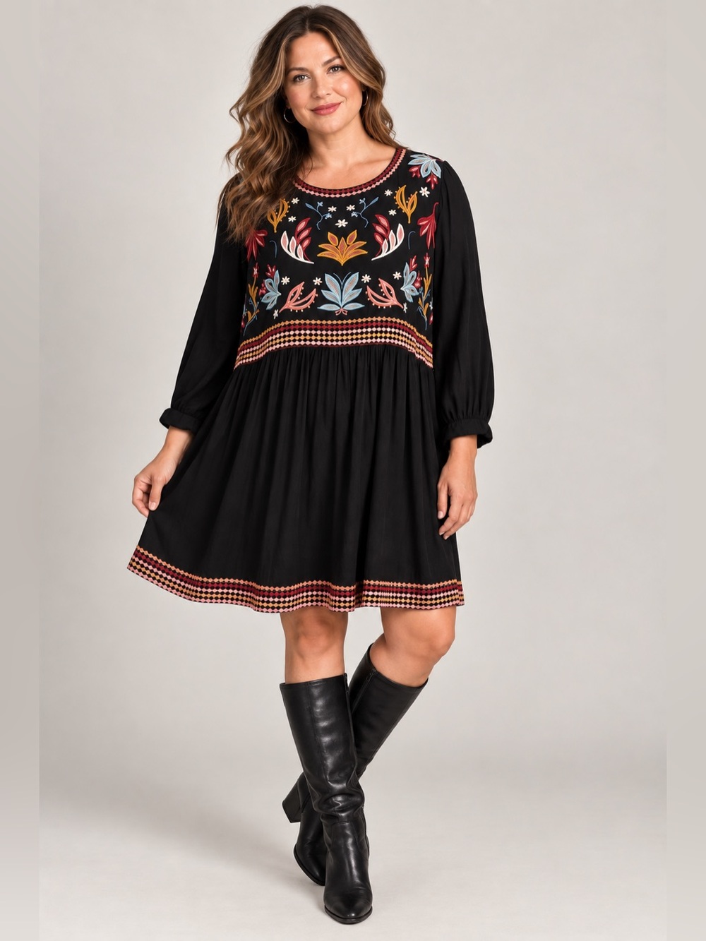 Savanna Jane sz 1X black dress with floral embroidery